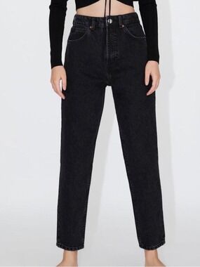 Zara High Rise Classic Mom Fit Ankle Length Jeans In Faded Black Wash, size 12